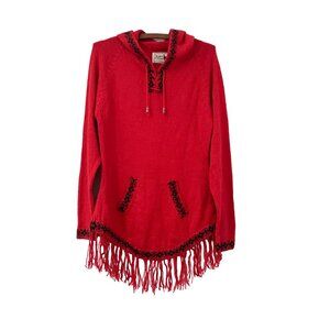 The Alpaca Connection Womens Red Black Wool Fringe Hooded Sweater Size Large